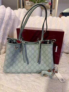 NWT!! Gucci Mint Green GG Canvas Shoulder Tote with matching bag charm!